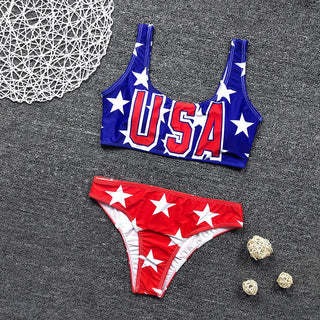 Women Independence Day Push Up High Cut V Neck Two Pieces Bikini Swimwear Alodia Store