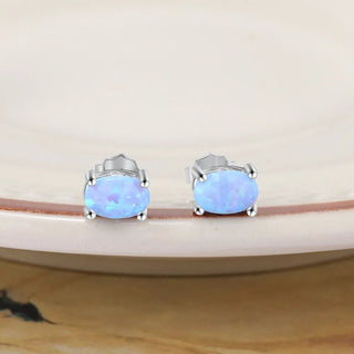 Sterling Silver Stud Earrings for Women Cute 4mm Created Oval White Pink Blue Fire Opal Earrings Alodia Store