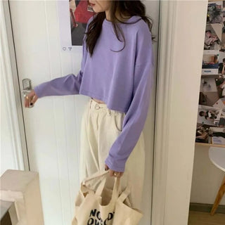Candy Colors Loose Long Sleeve T-shirts Women Spring Daily Student All-match Casual Streetwear Short Style Tops Basic Undershirt Alodia Store