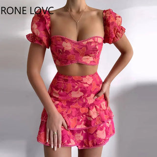 Women Floral Print Pom Pom Ruffles Top & Layered Skirt set Casual 2 Pieces Set Alodia Store
