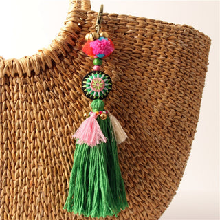 1pc Flower Charms Keychains Wooden Beads With Pompom Keyring Colorful Jewelry Boho Style Alodia Store