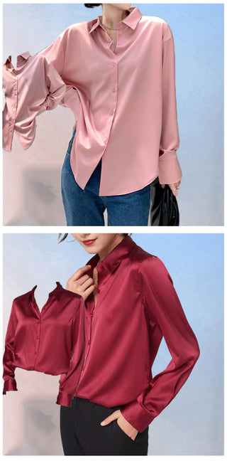 Satin Shirt Womens Clothing Silk Shirts Vintage Blouse Office Lady Sheer Top Longsleeve Dress Shirt  Ladies Overshirt Alodia Store