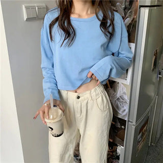 Candy Colors Loose Long Sleeve T-shirts Women Spring Daily Student All-match Casual Streetwear Short Style Tops Basic Undershirt Alodia Store
