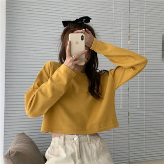 Candy Colors Loose Long Sleeve T-shirts Women Spring Daily Student All-match Casual Streetwear Short Style Tops Basic Undershirt Alodia Store