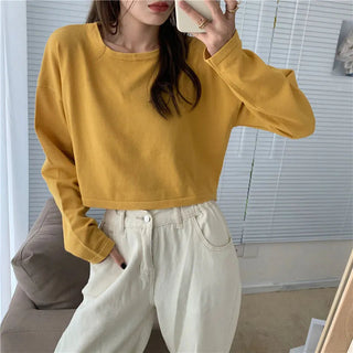 Candy Colors Loose Long Sleeve T-shirts Women Spring Daily Student All-match Casual Streetwear Short Style Tops Basic Undershirt Alodia Store