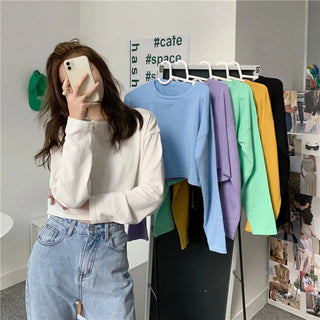 Candy Colors Loose Long Sleeve T-shirts Women Spring Daily Student All-match Casual Streetwear Short Style Tops Basic Undershirt Alodia Store