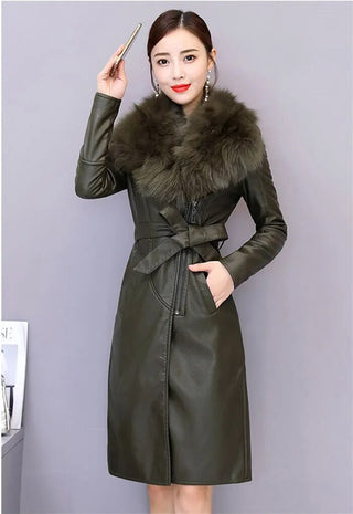 Women's Leather Velvet Warm Slim Big Fur Collar Long Leather Coat Alodia Store