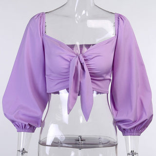CNYISHE Solid Lantern Sleeve Cropped Shirts Blusas alodia store