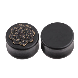 New Style 2PCS Black Natural Wood Mandala Flower Ear Plugs Tunnels Ear Expanders Earring Gauges Piercing Plug Ears Body Jewelry Alodia Store