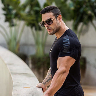 Compression Quick dry T-shirt Men Running Sport Skinny Short Tee Shirt Male Gym Fitness Bodybuilding Workout Black Tops Clothing alodia store