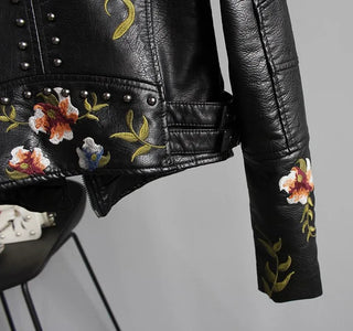 Ftlzz Women Floral Print Embroidery Faux Soft Leather Jacket Coat Alodia Store