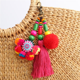 1pc Flower Charms Keychains Wooden Beads With Pompom Keyring Colorful Jewelry Boho Style Alodia Store