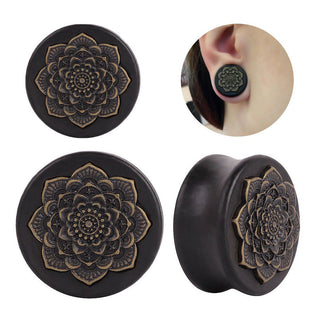New Style 2PCS Black Natural Wood Mandala Flower Ear Plugs Tunnels Ear Expanders Earring Gauges Piercing Plug Ears Body Jewelry Alodia Store