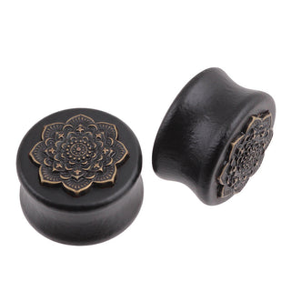 New Style 2PCS Black Natural Wood Mandala Flower Ear Plugs Tunnels Ear Expanders Earring Gauges Piercing Plug Ears Body Jewelry Alodia Store