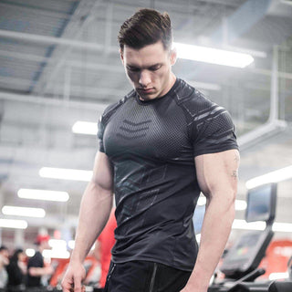 Compression Quick dry T-shirt Men Running Sport Skinny Short Tee Shirt Male Gym Fitness Bodybuilding Workout Black Tops Clothing alodia store