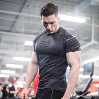 Compression Quick dry T-shirt Men Running Sport Skinny Short Tee Shirt Male Gym Fitness Bodybuilding Workout Black Tops Clothing alodia store