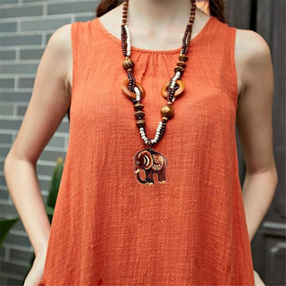 KUNIU 2023 Boho Jewelry Ethnic Style Long Hand Made Bead Wood Elephant Pendant Necklace for Women Price Decent women's neck Alodia Store