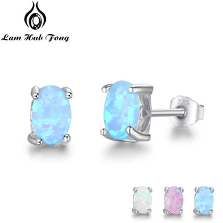 Sterling Silver Stud Earrings for Women Cute 4mm Created Oval White Pink Blue Fire Opal Earrings Alodia Store