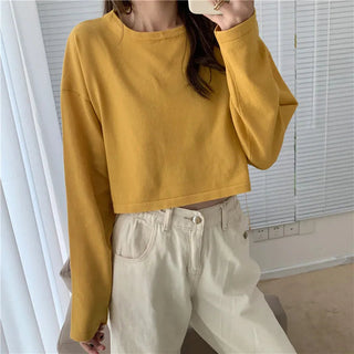 Candy Colors Loose Long Sleeve T-shirts Women Spring Daily Student All-match Casual Streetwear Short Style Tops Basic Undershirt Alodia Store