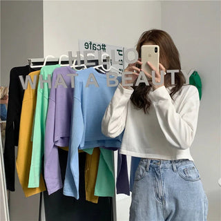 Candy Colors Loose Long Sleeve T-shirts Women Spring Daily Student All-match Casual Streetwear Short Style Tops Basic Undershirt Alodia Store