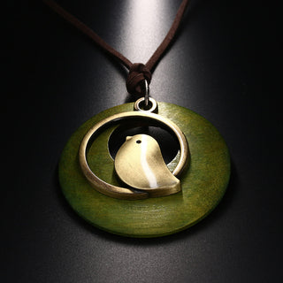 Vintage Wooden Bird Pendant Necklaces Boho Ethnic Style Metal Hollow Necklaces Retro Long Sweater Chain Rope Jewelry for Women Alodia Store