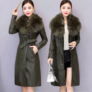 Women's Leather Velvet Warm Slim Big Fur Collar Long Leather Coat Alodia Store