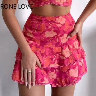 Women Floral Print Pom Pom Ruffles Top & Layered Skirt set Casual 2 Pieces Set Alodia Store