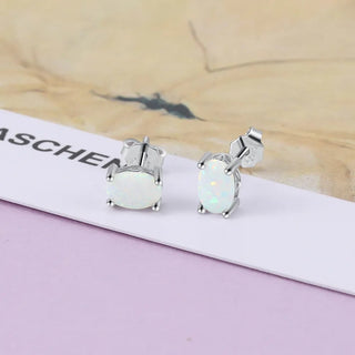 Sterling Silver Stud Earrings for Women Cute 4mm Created Oval White Pink Blue Fire Opal Earrings Alodia Store