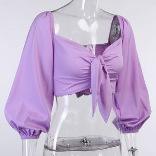 CNYISHE Solid Lantern Sleeve Cropped Shirts Blusas alodia store
