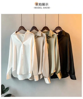 Satin Shirt Womens Clothing Silk Shirts Ovearsized Vintage Blouse Office Lady Sheer Top Longsleeve Dress Shirt Ladies Overshirt Alodia Store
