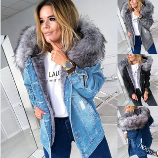 Women Casual Warm Mid-length Ripped Coat Denim Jacket Alodia Store