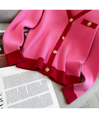 Fashion Women V Neck Hit Color Knitted Golden Alodia Store