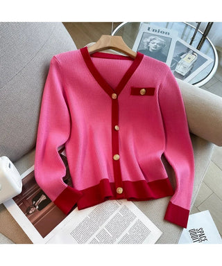 Fashion Women V Neck Hit Color Knitted Golden Alodia Store