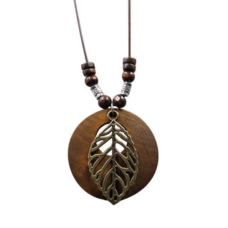 Ethnic Style Round Wood Beads Alloy Leaf Pendant Necklace For Women Girl Bohemian Sweater Chain Vintage Jewelry Accessories Gift Alodia Store