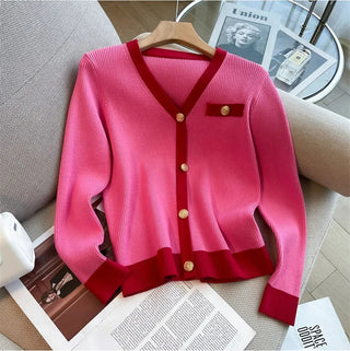 Fashion Women V Neck Hit Color Knitted Golden Alodia Store