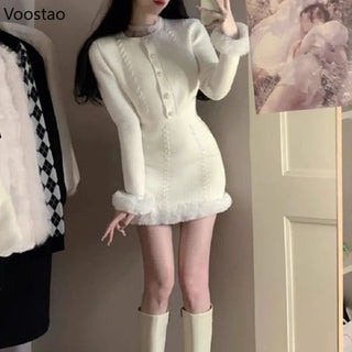 White Sweet Knitted Mini Skirt Set Women Korean Fashion Alodia Store