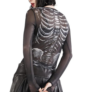 Gothic Punk Shirt 2000s Women Skeleton Pattern Round Neck Long Sleeve Crop Top Black Dark Academia Clothes y2k Tees Streetwear Alodia Store