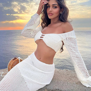 Summer Sexy Low Waist Slim Knitted Solid Skirt Set Long Sleeve Alodia Store