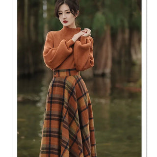 Women's Spring Autumn Vintage Plaid Long Skirts Sweater Two-Piece Set French Lady Alodia Store