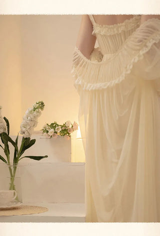 2PCS Robe Set Female Court Style Satin Nightdress Sexy Lace Alodia Store