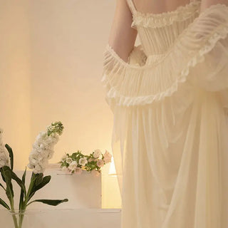 2PCS Robe Set Female Court Style Satin Nightdress Sexy Lace Alodia Store