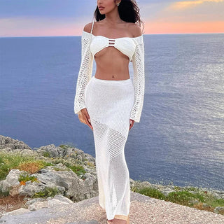Summer Sexy Low Waist Slim Knitted Solid Skirt Set Long Sleeve Alodia Store