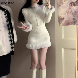 White Sweet Knitted Mini Skirt Set Women Korean Fashion Alodia Store