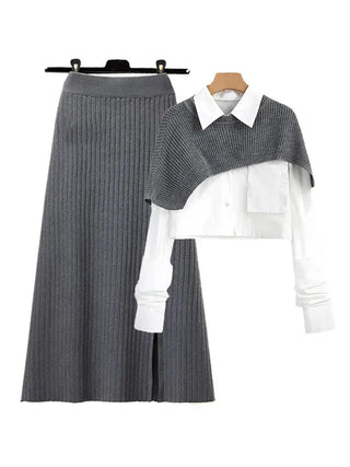 Women's Shawl Shirt Three-piece Set+High Waist Knitting Half-body Skirt Set Women Fashion 3 Piece Set Alodia Store