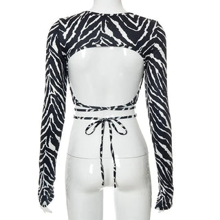 2023 Sexy Backless Lace ups Pullover Tees Women Autumn Black O-neck Slim Longsleeve Short T-Shirt Alodia Store