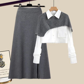 Women's Shawl Shirt Three-piece Set+High Waist Knitting Half-body Skirt Set Women Fashion 3 Piece Set Alodia Store