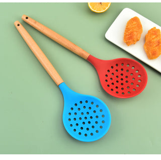 1Pcs Cooking Silicone Strainer Food Non-Stick Heat-Resistant Wooden Handle Colander Spoon Skimmer Strainer Cooking Kitchen Tools Alodia Store