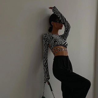 2023 Sexy Backless Lace ups Pullover Tees Women Autumn Black O-neck Slim Longsleeve Short T-Shirt Alodia Store