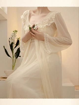 2PCS Robe Set Female Court Style Satin Nightdress Sexy Lace Alodia Store