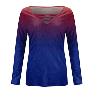 Women Blouse Longsleeve Women'S T-Shirt Fashion Casual Gradient Color Print V-Neck Slim Long Sleeve Top футболка оверсайз Alodia Store